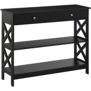 Image of Console Table Side Desk Shelves Drawers Open Top X Support Hallway Black - Homcom