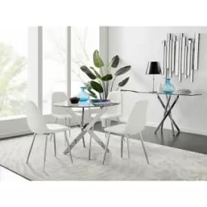 Image of Furniturebox UK - Furniturebox Novara Chrome Metal And Glass 100cm Round Dining Table And 4 White Corona Faux Leather Dining Chairs with Silver Legs