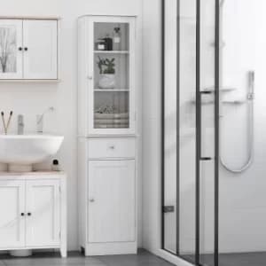 Image of kleankin Bathroom Storage Cabinet with 3-tier Shelf Drawer Glass Door, Floor Cabinet Free Standing Tall Slim Side Organizer Shelves, White