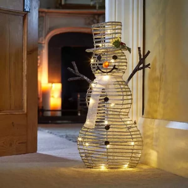 Image of 62cm Battery Operated Silver Glitter Rattan Christmas Snowman Decoration with Warm White LEDs