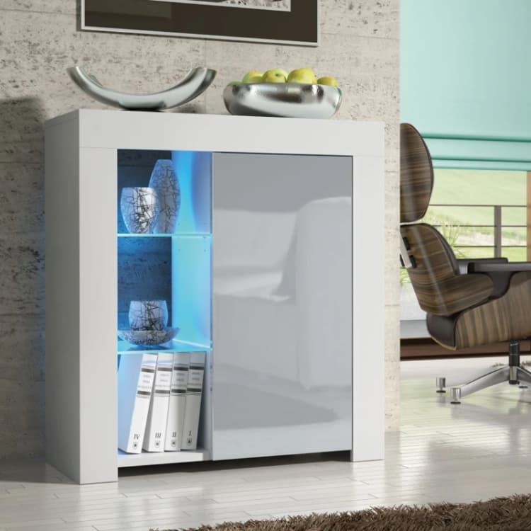 Image of Mex Furniture LTD Sideboard with LED Lighting & Gloss Doors / 83cm in Light Grey Light Grey Unisex