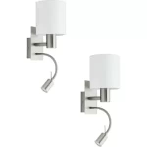 Image of 2 PACK Wall Light Colour Satin Nickel Shade White Fabric E27 LED 1x40W 1x3.5W