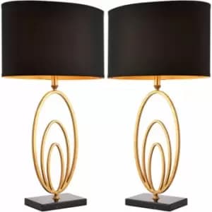 Image of 2 pack Modern Table Lamp Light Gold Ring & Black Marble Square Base Round Shade