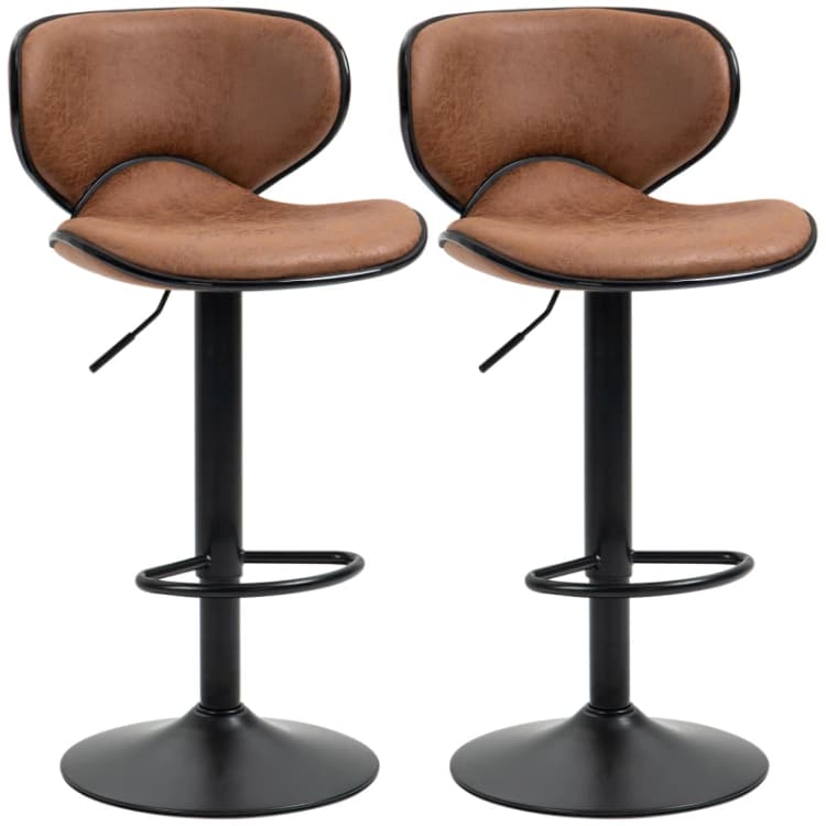 Image of HOMCOM Kitchen Stool Set of 2, Microfiber Cloth Adjustable Height Armless Bar Chairs with Swivel Seat, Footrest, Brown Aosom UK