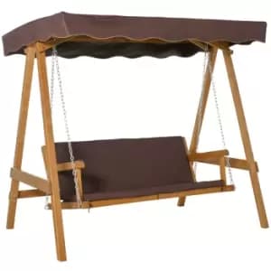Image of Outsunny 3 Seater Outdoor Garden Swing Chair with Adjustable Canopy, Wooden Hammock Bench with Padded Cushions for Patio Yard, Brown