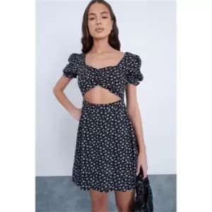 Image of I Saw It First Black Floral Puff Sleeve Ruched Bust Cut Out Skater Dress - Black
