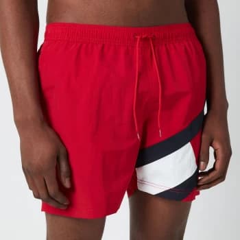 Image of Tommy Hilfiger Mens Signature Flag Medium Length Drawstring Swimshorts - Primary Red - S