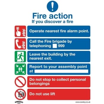 Image of SS19V10 Safe Conditions Safety Sign - Fire Action With Lift - Self-Adhesive Vinyl - Pack of 10 - Sealey