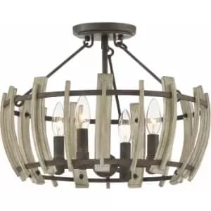 Image of 4 Bulb Semi Flush Light Black Frame Faux Wood Slat Effect Rustic LED E14 60W