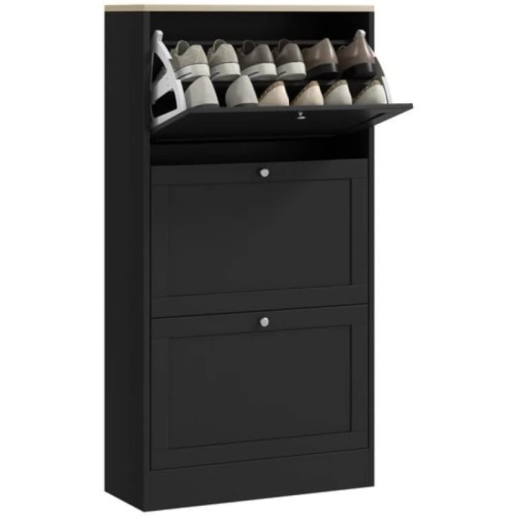 Image of HOMCOM Slim Shoe Storage Cabinet with 3 Flip Drawers and Adjustable Divider Black