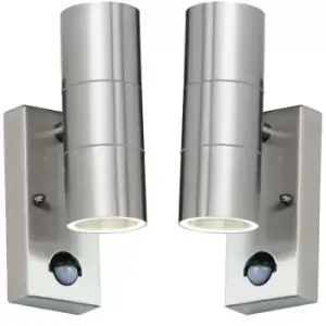 Image of 2 PACK IP44 Outdoor Accent Light & PIR GU10 Stainless Steel Up & Down Wall Lamp