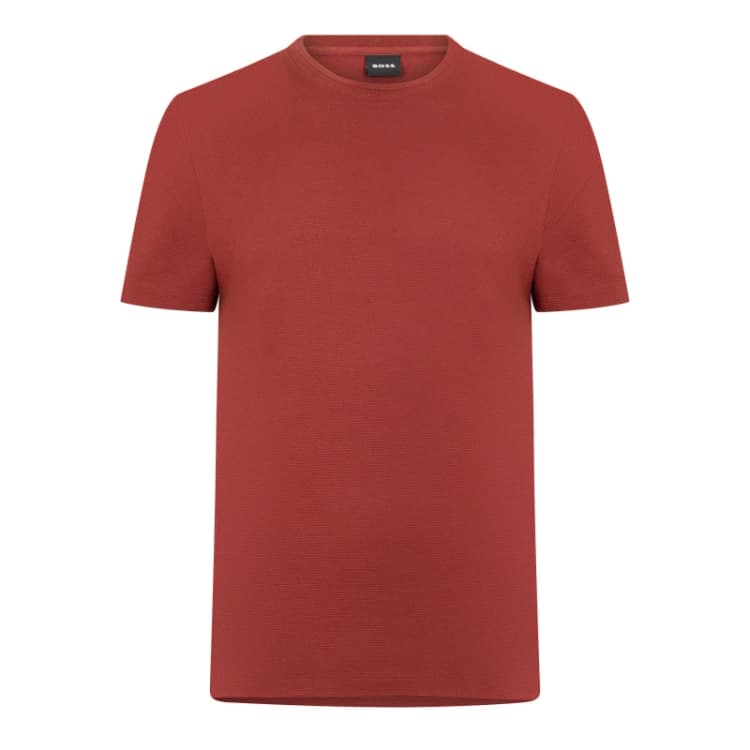 Image of Boss Mens Tiburt Bubble Structure Cotton Short Sleeve T-Shirt Open Brown male Small