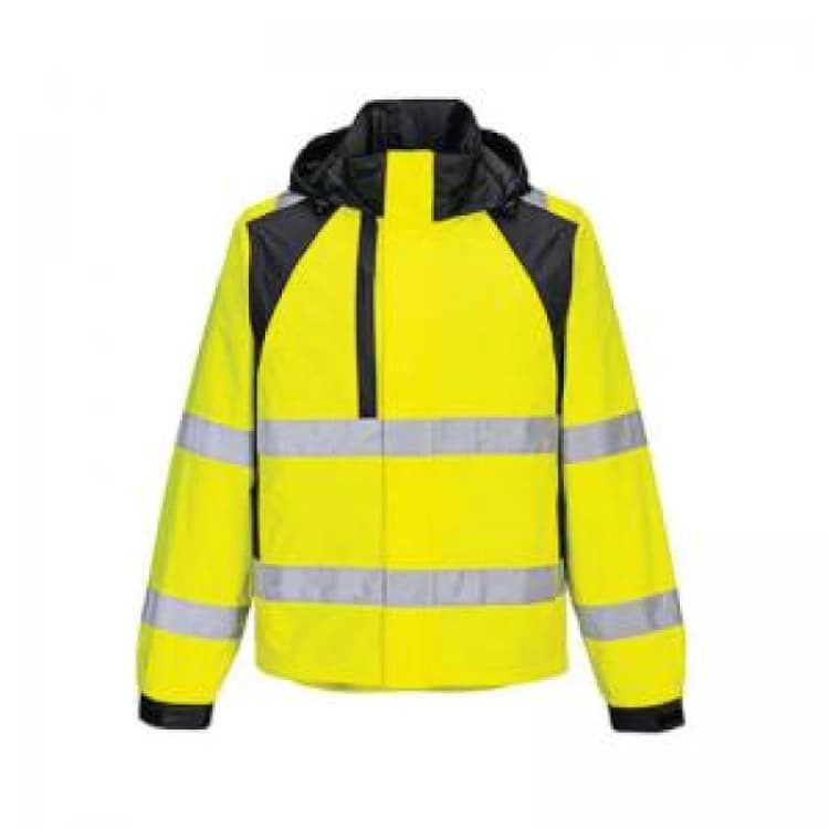 Image of Portwest WX2 Eco Hi Vis Waterproof Rain Jacket CD860YBRS Colour: Yellow / Black