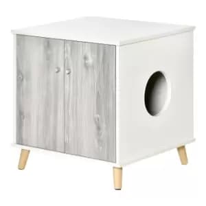 Image of PawHut Cat Litter Box Enclosure Washroom Cave House Decorative End Table Wooden Cabinet Indoor with 2 Magnetic Door Wide Tabletop White