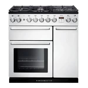 Image of Rangemaster NEX90DFFWHC 106140 90cm Dual Fuel Range Cooker in White with Chrome Trim