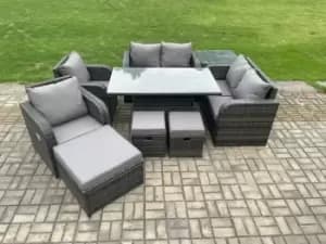 Image of Fimous 7 Seater Outdoor Dark Grey Rattan Lounge Complete Sofa Set with Rising Lifting Dining Table, 2 Stools and Big Footstool