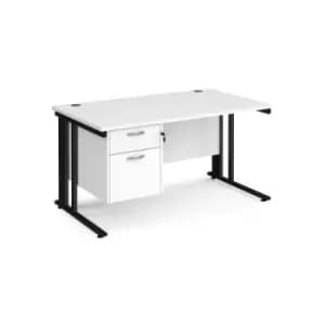 Image of Office Desk Rectangular Desk 1400mm With Pedestal White Top With Black Frame 800mm Depth Maestro 25 MCM14P2KWH