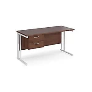 Image of Rectangular Straight Desk Walnut Wood Cantilever Legs White Maestro 25 1400 x 600 x 725mm 2 Drawer Pedestal
