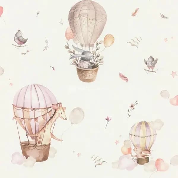 Image of RASCH Rasch - Kids Hot Air Balloon Animal Print Pink Wallpaper Textured Paste The Wall WL-300529