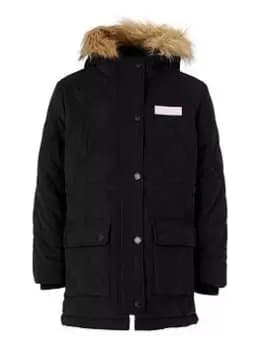 Image of Jack Wills Girls Faux Fur Collared Diamond Quilted Coat - Black, Size 9-10 Years, Women