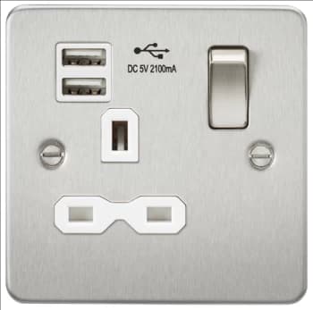 Image of KnightsBridge Flat plate 13A 1G switched socket with dual USB charger (2.1A) - brushed chrome with white insert