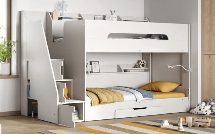 Image of Flair Slick Staircase Bunk Bed with Storage in White Size: Single White Unisex Single