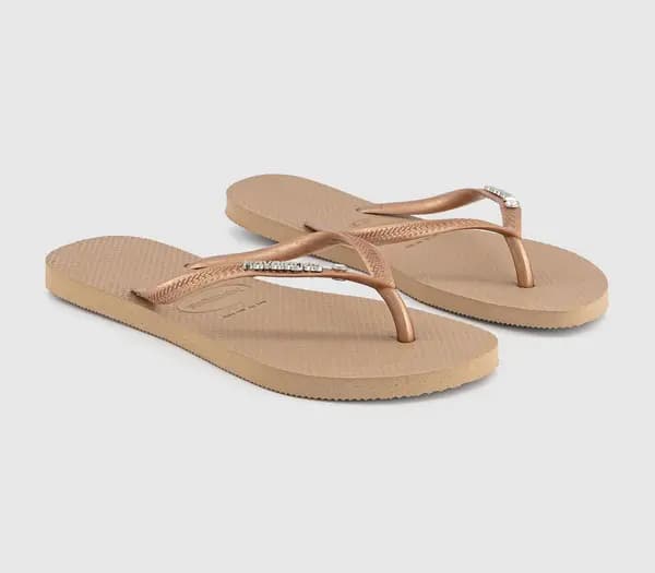 Image of Havaianas Womens Slim Metal Crystal Logo Flip Flops Rose Gold, 3/4