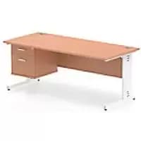 Image of Dynamic Rectangular Office Desk Beech MFC Cable Managed Cantilever Leg White Frame Impulse 1 x 2 Drawer Fixed Ped 1800 x 800 x 730mm