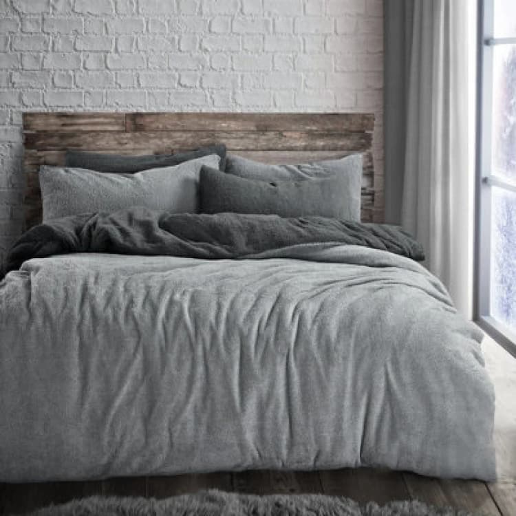 Image of Velosso Teddy Fleece Duvet Cover & Pillowcase Set In Plush & Cosy Bedroom Decor, Soft Texture Bed Linen, Machine Washable - Charcoal