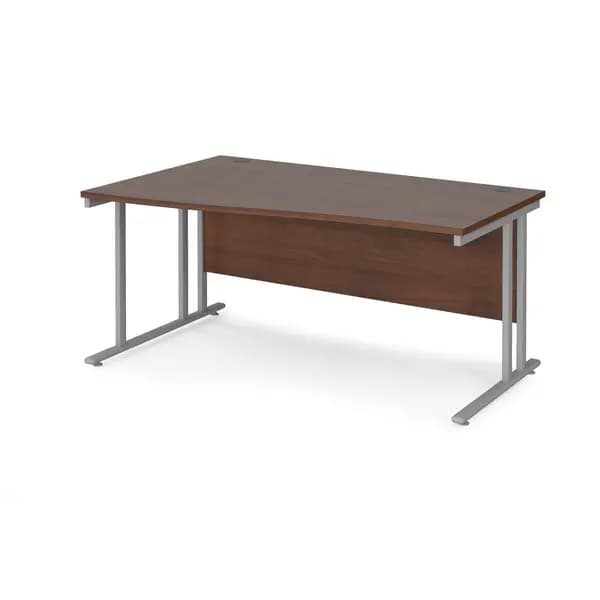 Image of Maestro 25 left hand wave desk 1600mm wide - silver cantilever leg frame, walnut top