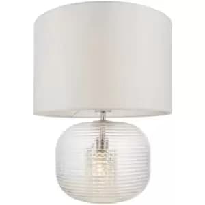 Image of Clear Ribbed Glass Twin Lit Table Lamp Light & Vintage White Fabric Shade