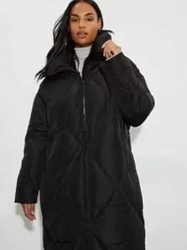 Image of Dorothy Perkins Funnel Neck Diamond Padded Longline Oversized Coat - Black, Size L, Women