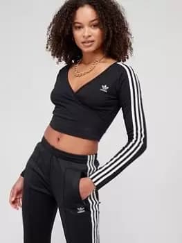 Image of adidas Originals Long Sleeve Wrap Crop T-Shirt - Black, Size 10, Women