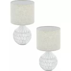 Image of 2 pack Table Lamp White Patterned Base Shade Light Brown Fabric Linen E27 1x40W
