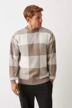 Image of Long Sleeve Checked Crew Neck Jumper