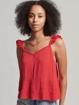 Image of Superdry Vintage Broderie Cami Top - Red, Size 16, Women