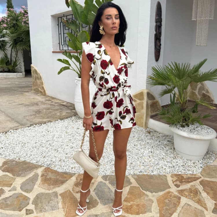 Image of AX Paris Rose Printed Flutter Sleeve Tie Waist Playsuit Cream female 16 (XL)