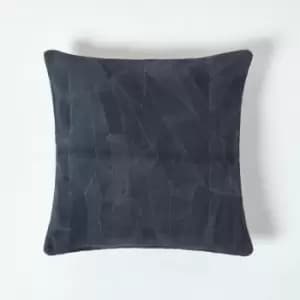 Image of HOMESCAPES Navy Real Leather Suede Cushion with Feather Filling - Blue