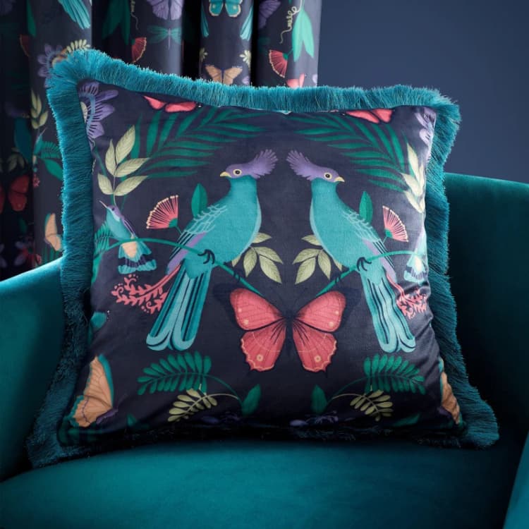 Image of Catherine Lansfield Catherine Lansfield Birds Velvet Cushion Navy 45X45CM WB03501