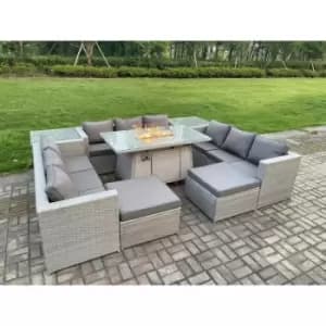 Image of Fimous 9 Seater Outdoor Light Grey Rattan Lounge Sofa Complete Set with Gas Fire Pit and 2 Big Footstools