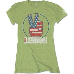 Image of John Lennon - Peace Fingers US Flag Womens Large T-Shirt - Kiwi Green