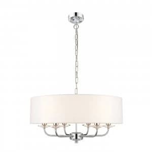 Image of 6 Light Multi Arm Ceiling Pendant Nickel Plate, White Silk Effect, E14