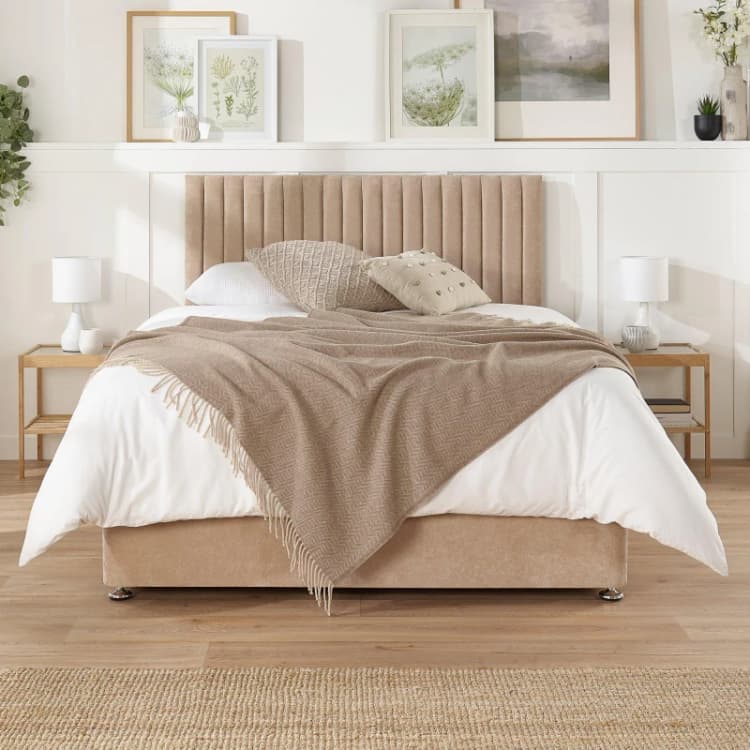 Image of Aspire Aspire Grant Divan, Linen Fabric, Strutted Headboard, No Drawers Light Sand