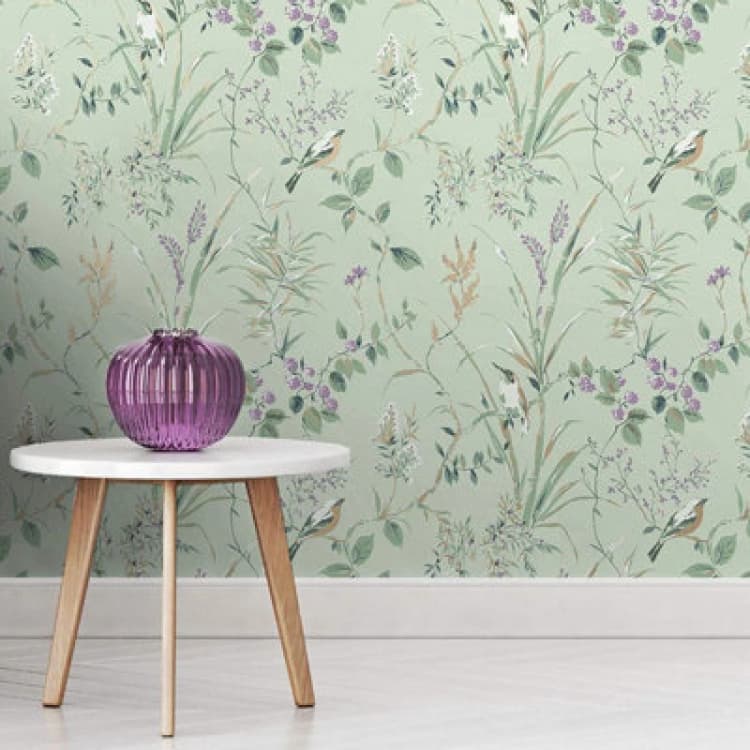 Image of FINE DECOR Floral Birds Wallpaper Mint Plum Metallic Flower Shimmer Fine Decor Mariko WL-M1552