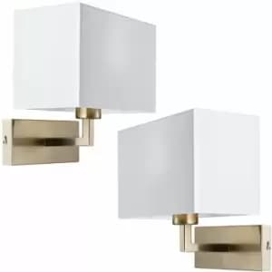 Image of 2 pack Dimming LED Wall Light Satin Nickel & White Shade Sleek Rectangle Lamp