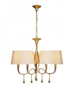 Image of Ceiling Pendant 3 Arm 6 Light E14, Gold Painted with Cream Shades & Amber Glass Droplets