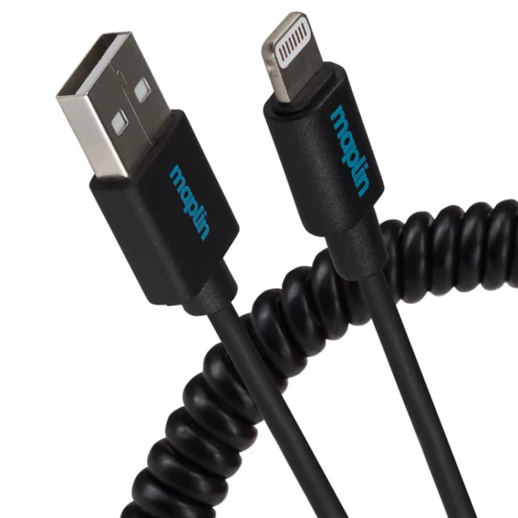 Image of Maplin Lightning Connector to USB-A Coiled Curly Cable - Black - 0.5m