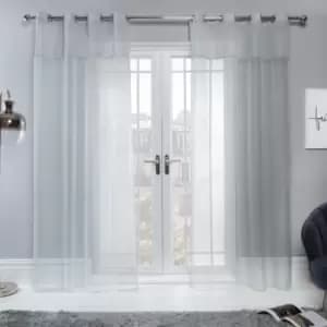 Image of Sienna Pair Lurex Sparkle Glitter Voile Net Curtain Eyelet Top Silver Grey Panel Silver Grey