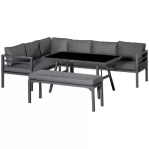 Image of Outsunny 4 Piece L-shaped Garden Furniture Set 8-Seater Aluminium Outdoor Dining Set Conversation Sofa Set w/ Bench, Dining Table & Cushions, Grey