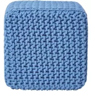 Image of Blue Cube Cotton Knitted Pouffe Footstool - Blue - Homescapes